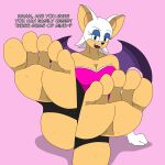  5_toes absurd_res anthro bat bodily_fluids breasts clothed clothing dialogue feet female foot_fetish foot_focus green_eyes hi_res humanoid_feet makeup mammal plantigrade raidenthedeoxys rouge_the_bat sega simple_background soles solo sonic_the_hedgehog_(series) sweat sweaty_feet talking_to_viewer teasing_with_feet text toes wings 