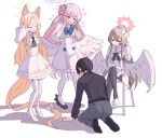  1boy 3girls angel_wings animal_ear_fluff animal_ears black_hair black_pantyhose blonde_hair blue_archive blush brown_hair closed_eyes cross crossed_legs detached_sleeves dress fox_ears hair_ornament halo heart highres kneeling long_hair mika_(blue_archive) multiple_girls nagisa_(blue_archive) on_chair pantyhose pink_hair seia_(blue_archive) sensei_(blue_archive) tea_party_(blue_archive) thighhighs tonomiya68 very_long_hair white_background white_dress white_pantyhose white_thighhighs wings 