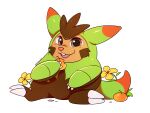  anthro bloominglynx brown_body brown_eyes brown_fur cheek_tuft eating facial_tuft flower food front_view fruit fur generation_6_pokemon glistening glistening_eyes green_body hi_res holding_food holding_object looking_at_viewer male nintendo open_mouth open_smile orange_body orange_fur overweight pink_tongue plant pokemon pokemon_(species) quilladin signature simple_background sitting smile solo teeth tongue tuft white_background yellow_flower 