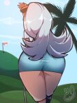  1girl ass blue_hair blue_skirt golf_club hand_up highres holding holding_golf_club kahili_(pokemon) light_blue_hair long_hair orange_socks panties_visible_through_clothes pokemon pokemon_(game) pokemon_sm short_sleeves skirt socks solo visor_cap yanderocky 