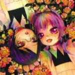  2girls :o commentary english_commentary fang flower from_above glasses looking_at_viewer lying maid medium_hair multiple_girls on_back open_mouth original purple_eyes purple_hair skin_fang ufoshock 