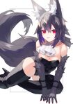  1girl :p animal_ear_fluff animal_ears animal_hands bare_shoulders black_leotard black_thighhighs breasts cleavage copyright_request fingernails leotard red_eyes red_nails sasa_onigiri sharp_fingernails simple_background solo strapless strapless_leotard tail thighhighs tongue tongue_out wolf_ears wolf_tail 