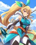  1girl aqua_ribbon armpits bare_shoulders breasts canadiananiguy dragalia_lost dutch_angle elisanne gloves hair_ribbon highres holding holding_polearm holding_weapon large_breasts long_hair looking_at_viewer orange_hair polearm ponytail purple_eyes ribbon sideboob solo stole thighhighs very_long_hair weapon white_gloves 