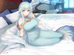  1girl aqua_hair arm_support bare_shoulders bed bed_sheet belt blue_dress blush breasts closed_mouth commentary_request couch dress feather_trim fire_emblem fire_emblem:_the_blazing_blade fire_emblem_heroes full_body gold_trim hair_ornament hand_up highres indoors kashiwamochi_yomogi large_breasts long_dress long_hair looking_at_viewer ninian_(fire_emblem) pillow red_eyes simple_background sleeveless smile solo sparkle 