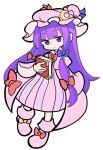  1girl blunt_bangs book bow closed_mouth crescent crescent_hat_ornament dress footwear_bow full_body hair_bow hat hat_ornament holding holding_book long_hair looking_at_viewer mob_cap patchouli_knowledge pink_dress pink_footwear pink_headwear purple_eyes purple_hair puyopuyo red_bow shinmon_akika simple_background solo striped striped_dress touhou vertical-striped_dress vertical_stripes white_background yellow_bow 