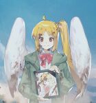  1girl angel_wings blood blood_on_face blue_sky bocchi_the_rock! closed_mouth fog highres holding holding_picture ijichi_nijika jacket long_hair looking_at_viewer ponytail red_eyes red_ribbon ribbon school_uniform shirt sky smile solo wings yasumigohan 
