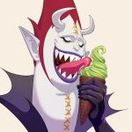  1boy black_gloves closed_eyes eating food gecko_moria gloves high_collar holding holding_food holding_ice_cream horns ice_cream ice_cream_cone licking male_focus monster_boy msvekla one_piece open_mouth pale_skin pointy_ears portrait purple_lips red_hair sharp_teeth spiked_hair stitches teeth tongue tongue_out 