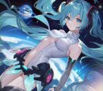 1girl :o absurdres bare_shoulders black_sleeves black_thighhighs blue_eyes blue_hair blurry breasts center_opening detached_sleeves earth_(planet) floating_hair hair_ornament hatsune_miku hatsune_miku_(append) highres long_hair long_sleeves looking_at_viewer medium_breasts miku_day navel necktie parted_lips planet shanguier shirt sleeveless sleeveless_shirt solo stomach thighhighs thighs twintails very_long_hair vocaloid vocaloid_append white_shirt 