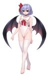  1girl armpits bat_wings bow breasts collarbone fang hair_bow highres leotard looking_at_viewer nail_polish navel purple_hair red_eyes red_nails remilia_scarlet short_hair simple_background small_breasts smile solo sudako_(dai011305) thighhighs thighs toes touhou vampire white_background wings 