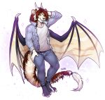 absurd_res anthro brown_body brown_fur clothed clothing f-r95 fur hand_on_head hi_res horn looking_at_viewer male mammal membrane_(anatomy) membranous_wings purple_eyes smile solo tail white_body white_fur wings 