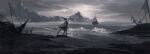  1girl arknights black_cape black_footwear black_headwear black_pants boots cape cliff flock from_behind highres holding holding_sword holding_weapon long_hair ocean pants ship shipwreck shore skadi_(arknights) solo sword urie very_long_hair water watercraft weapon white_hair wide_shot 