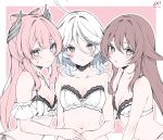  3girls ahoge bare_shoulders blue_hair blush bow bow_bra bra breasts brown_hair cleavage closed_mouth collarbone dodosako furina_(genshin_impact) genshin_impact hair_between_eyes highres hu_tao_(genshin_impact) lace-trimmed_bra lace_trim light_blue_hair long_hair looking_at_viewer multiple_girls navel panties pink_hair sangonomiya_kokomi short_hair sidelocks small_breasts stomach underwear upper_body 