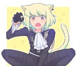  1boy animal_ears ascot belt black_jacket black_pants blonde_hair border cat_boy cat_ears cat_tail claw_pose claws earrings gloves half_gloves highres jacket jewelry kemonomimi_mode kome_1022 lio_fotia male_focus multiple_belts open_mouth otoko_no_ko pants paw_print paw_print_background promare purple_eyes short_hair sidelocks single_earring solo squatting tail thigh_belt thigh_strap triangle_earrings v-shaped_eyebrows white_ascot white_border yellow_background 