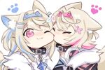  2girls animal_ear_fluff animal_ears biting black_jacket blonde_hair cheek_biting closed_eyes collar dog_ears dog_girl fur_trim fuwawa_abyssgard hairband headphones headphones_around_neck hololive hololive_english jacket long_hair mococo_abyssgard multicolored_hair multiple_girls one_eye_closed pink_eyes short_hair siblings sisters smile streaked_hair twins upper_body yuuyu_(777) 