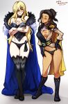  2021 2girls artist_name blonde_hair blue_eyes boots breasts brown_hair choker claude_von_riegan commentary crossed_arms dark-skinned_female dark_skin dimitri_alexandre_blaiddyd earrings english_commentary eyepatch fire_emblem fire_emblem:_three_houses full_body genderswap genderswap_(mtf) gloves green_eyes grey_background hand_on_own_hip highres jewelry knee_boots long_hair medium_breasts medium_hair mina_cream multiple_girls nipples one_eye_closed panties simple_background standing thigh_boots underwear very_long_hair 