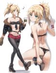  1girl ahoge ass back bare_arms bare_shoulders black_bra black_footwear black_jacket black_panties black_pantyhose blonde_hair blush bra braid breasts choker closed_mouth collarbone commentary cropped_legs cup disposable_cup earrings fang fate/apocrypha fate/grand_order fate_(series) french_braid from_behind full_body green_eyes hair_ornament hair_scrunchie high-waist_shorts highres holding holding_cup jacket jewelry long_hair looking_at_viewer looking_back mordred_(fate) mordred_(fate/apocrypha) multiple_views musical_note navel o-ring o-ring_choker open_clothes open_fly open_jacket panties pantyhose parted_bangs ponytail red_scrunchie scrunchie shiny_skin shirt shorts shoulder_blades sidelocks simple_background sleeveless sleeveless_shirt small_breasts smile spoken_musical_note standing standing_on_one_leg tonee underwear white_background 