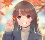  1girl absurdres autumn_leaves blurry blurry_background blush brown_eyes brown_hair day derivative_work hand_up highres holding holding_leaf leaf long_hair long_sleeves maple_leaf original outdoors shirushi_aoi smile sweater 