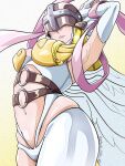  1girl angel angel_wings angewomon armpits arms_up asymmetrical_clothes bare_shoulders belt blonde_hair bodysuit boobplate breasts cleavage clothing_cutout commentary_request covered_eyes cowboy_shot digimon digimon_(creature) elbow_gloves feathered_wings gloves hagoromo helmet helmet_over_eyes highres large_breasts long_hair macchi-chan multiple_wings navel o-ring o-ring_belt parted_lips shawl simple_background skindentation solo standing stomach stomach_cutout twitter_username white_bodysuit winged_helmet wings wrist_wings yellow_background 