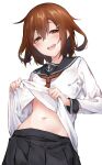  1girl black_sailor_collar black_skirt blush brown_eyes brown_hair clothes_lift hair_between_eyes hair_ornament hairclip highres ikazuchi_(kancolle) kamidanomi kantai_collection lifted_by_self long_sleeves looking_at_viewer navel neckerchief open_mouth pleated_skirt red_neckerchief sailor_collar school_uniform serafuku short_hair simple_background skirt solo white_background 