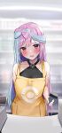  1girl apron arm_behind_back blue_hair blurry blurry_background blush collarbone commentary_request highres holding iono_(pokemon) long_hair looking_at_viewer multicolored_hair open_mouth pink_hair pokemon pokemon_(game) pokemon_sv rouka_(akatyann) sleeveless solo sweat sweatdrop two-tone_hair yellow_apron 