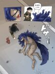  absurd_res anthro blood bodily_fluids bruised canid canine canis clothed clothing collapsing comic dialogue digital_media_(artwork) duo falling female fur group hair hi_res human male mammal pages purple_hair purple_tail rekidesu series tail were werecanid werecanine werewolf wolf 