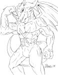 2018 abs anthro bandai_namco biceps claws digimon digimon_(species) dragon exveemon facial_horn fangs featureless_crotch fist flexing hi_res horn looking_at_viewer male marcushunter muscular muscular_anthro muscular_male nose_horn nude open_mouth pose scalie signature solo standing teeth wings 