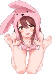  1girl :d animal_hood ass_visible_through_thighs barefoot blush breasts brown_hair cleavage collarbone dot_nose feet from_above highres hood idolmaster idolmaster_shiny_colors long_hair looking_at_viewer minikon osaki_tenka rabbit_hood simple_background small_breasts smile soles thighs toes underwear white_background yellow_eyes 