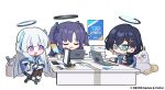  3girls :d black_pantyhose blue_archive blue_hair blush book chair chibi chihiro_(blue_archive) closed_eyes computer glasses hair_ornament halo holding holding_pen keyboard_(computer) laptop long_hair monitor mouse_(computer) multiple_girls nemomo noa_(blue_archive) open_book pantyhose pen purple_eyes purple_hair sitting smile stuffed_toy sweatdrop two_side_up yuuka_(blue_archive) 
