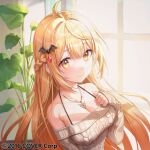  1girl bat_hair_ornament blonde_hair braid breasts cleavage commentary company_name french_braid hair_ornament hairclip highres hololive jewelry large_breasts long_hair looking_at_viewer misyune necklace off-shoulder_sweater off_shoulder official_art plant smile sweater virtual_youtuber yellow_eyes yozora_mel 