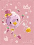  animal_focus artist_name border commentary_request crown drifloon food fruit hanabusaoekaki hat highres no_humans pink_background pokemon pokemon_(creature) solid_oval_eyes strawberry streamers white_border 