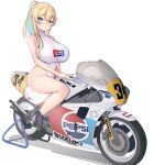  1girl absurdres bare_shoulders black_footwear blonde_hair blue_eyes blue_hair boots breasts colored_inner_hair commentary_request full_body highleg highleg_leotard highres large_breasts leotard long_hair michelin michelin_man motor_vehicle motorcycle multicolored_hair original pepsi ponytail race_queen riding simple_background sleeveless sleeveless_turtleneck sleeveless_turtleneck_leotard solo suzuki_(company) tf_cafe turtleneck turtleneck_leotard vehicle_request white_background white_leotard 