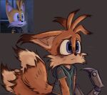  1boy animal_ears blue_eyes fox_tail furry furry_male grey_background grey_hoodie highres hood hoodie multiple_tails newtmoss nine_(sonic) reference_inset short_sleeves simple_background sonic_(series) sonic_prime tail tails_(sonic) upper_body 