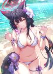  1girl absurdres animal_ear_fluff animal_ears anjaku112 bare_arms bare_shoulders beach bikini black_hair blue_archive blush bracelet breasts claw_pose cleavage flower fox_ears hair_between_eyes hair_flower hair_ornament halterneck hand_up highres jewelry large_breasts long_hair looking_at_viewer nail_polish navel sky smile solo standing stomach swimsuit tail very_long_hair wakamo_(blue_archive) wakamo_(swimsuit)_(blue_archive) water white_bikini yellow_eyes 