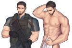  abs bara black_gloves black_hair chris_redfield closed_eyes closed_mouth completely_nude covering covering_crotch facial_hair gloves green_shirt gun highres hirusuhi holding holding_gun holding_towel holding_weapon large_pectorals muscular muscular_male navel nipples nude pectorals resident_evil resident_evil_5 shirt short_hair simple_background towel weapon white_background 