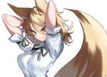  1girl animal_ears arms_behind_head blonde_hair blush breasts closed_mouth fox_ears fox_girl fox_tail green_ribbon hair_between_eyes kudamaki_tsukasa mandarin_collar medium_breasts open_mouth ribbon romper short_hair short_sleeves solo suminagashi tail touhou yellow_tail 