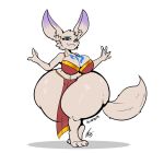  2023 anthro big_breasts blizzard_entertainment blue_eyes breasts canid canine cleavage clothed clothing female fennec fox fur glubtastic hi_res huge_breasts huge_thighs hyper hyper_thighs mammal midriff navel shadow signature simple_background smile solo standing tail tan_body tan_fur tattoo text thick_thighs vulpera warcraft 