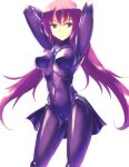  1girl arms_up bangs bodysuit breasts covered_navel fate/grand_order fate_(series) highres long_hair looking_at_viewer mono_(moiky) purple_bodysuit purple_eyes purple_hair scathach_(fate) simple_background thighs white_background 