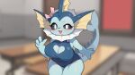  2023 3_fingers anthro blue_arms blue_clothing blue_fingers blue_hands blue_tail breasts cleavage clothed clothing cute_fangs drunk_oak eeveelution female fingers generation_1_pokemon hi_res looking_at_viewer nintendo pokemon pokemon_(species) solo tail teeth vaporeon 