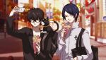  2boys amamiya_ren animal black_hair black_jacket blue_eyes blue_hair brown_eyes cat closed_eyes collared_shirt crepe dark_blue_hair eating food holding holding_food jacket long_sleeves multiple_boys outdoors persona persona_5 saichuu_(more1208) selfie shirt turtleneck urameshi_yusuke white_shirt yellow_collar 