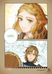  1boy 1girl amber_(orangeamber12) blonde_hair blue_eyes blush braid closed_mouth commentary crown_braid english_commentary english_text gameplay_mechanics green_eyes grin hair_ornament hairclip heart link pointy_ears princess_zelda short_hair signature smile speech_bubble the_legend_of_zelda the_legend_of_zelda:_tears_of_the_kingdom twitter_username 