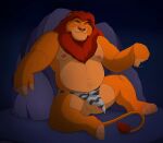 absurd_res against_surface anthro balls barazoku beckoning bedroom_eyes bottomwear clothing disney ethancostas felid fur genitals gesture hi_res ineffective_clothing inviting lion loincloth loincloth_only looking_at_viewer male mammal mane mature_male mufasa musclegut narrowed_eyes nipples orange_body orange_fur pantherine pecs penis plantigrade pointing red_mane rock seductive sitting smile smiling_at_viewer solo spread_legs spreading suggestive suggestive_gesture tail the_lion_king