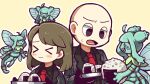  &gt;_&lt; 1boy 4girls ahoge bald black_eyes black_shirt black_vest brown_hair closed_eyes closed_mouth collared_shirt commentary_request employee_(lobotomy_corporation) fairy_festival food green_hair grey_jacket half-closed_eyes hatake_shimeji holding holding_food insect_wings jacket lobotomy_corporation multiple_girls necktie no_nose onigiri open_clothes open_jacket open_mouth outline project_moon red_necktie shirt simple_background smile sweat vest white_outline wings yellow_background 