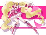  blonde_hair blush boots commentary_request cure_peach dress fresh_precure! frilled_dress frills hair_ornament heart highres long_hair open_mouth outstretched_hand precure puffy_sleeves red_eyes ribbon sakumupre5 simple_background twintails very_long_hair wrist_ribbon 