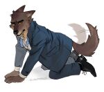  2023 absurd_res all_fours anthro blazer bottomwear brown_body brown_fur canid canine canis carlosjarlos claws clothing costume dreamworks fur hi_res looking_at_viewer male mammal mr._wolf_(the_bad_guys) pants shirt simple_background solo suit tail tail_motion tailwag the_bad_guys topwear wolf yellow_sclera 