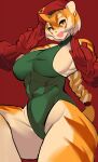  absurd_res anthro arknights aspirindabaitu big_breasts blonde_hair breasts brown_body brown_fur cammy_(street_fighter) capcom clothing cosplay curvaceous curvy_figure felid female fur gloves green_clothing green_leotard hair handwear hat headgear headwear hi_res hypergryph leotard looking_at_viewer mammal muscular muscular_female open_mouth pantherine ponytail pose red_background red_clothing red_gloves red_handwear red_hat red_headwear side_boob simple_background solo street_fighter studio_montagne thick_thighs tiger voluptuous waaifu_(arknights) white_body white_fur white_hair yellow_body yellow_eyes yellow_fur 