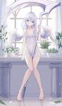  1girl angel angel_wings babydoll barefoot blue_eyes closed_mouth collarbone commentary_request enokitake feathered_wings full_body highres holding holding_scythe long_hair original plant potted_plant scythe solo standing vase white_hair window wings 