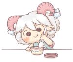  1girl :3 black_eyes blush chibi closed_mouth commentary_request curly_hair earrings haagen-dazs hair_between_eyes highres holding holding_spoon horn_ornament horn_ribbon horns ice_cream_cup jewelry medium_bangs pointy_ears rass-mameki red_horns ribbon sheep_horns short_hair simple_background smile solo spoon touhou toutetsu_yuuma upper_body v-shaped_eyebrows white_background 