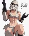  1girl abs biceps black_gloves boots bra breasts cleavage_cutout clone_trooper clothing_cutout curvy english_text genderswap genderswap_(mtf) gloves gun helmet highres holding holding_gun holding_weapon large_breasts muscular muscular_female no_armor sideboob star_wars thick_thighs thigh_boots thighs underboob underwear weapon white_bra yoracrab 