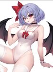  1girl armpits ascot ass ass_visible_through_thighs bat_wings blue_hair bow breasts choker collarbone hair_bow highres looking_at_viewer nail_polish navel no_headwear one-piece_swimsuit red_ascot red_bow red_eyes remilia_scarlet short_hair simple_background small_breasts socks solo sudako_(dai011305) swimsuit thighhighs thighs touhou white_background white_socks wings wrist_cuffs 