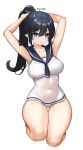  1girl adjusting_hair armpits arms_up bare_arms bare_legs black_hair black_sailor_collar blue_eyes breasts bright_pupils collarbone covered_navel curvy dopamine70 expressionless full_body groin hair_between_eyes hand_in_own_hair highres large_breasts legs long_hair one-piece_swimsuit original parted_lips pointy_ears ponytail sailor_collar seiza sidelocks simple_background sitting solo swimsuit thigh_gap thighs white_background white_one-piece_swimsuit wide_hips 